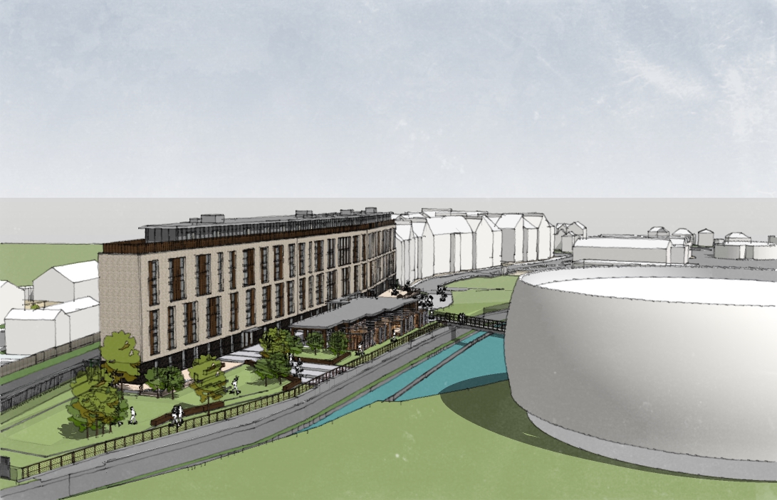 Bridgeside fret-cut facade study, riverside view